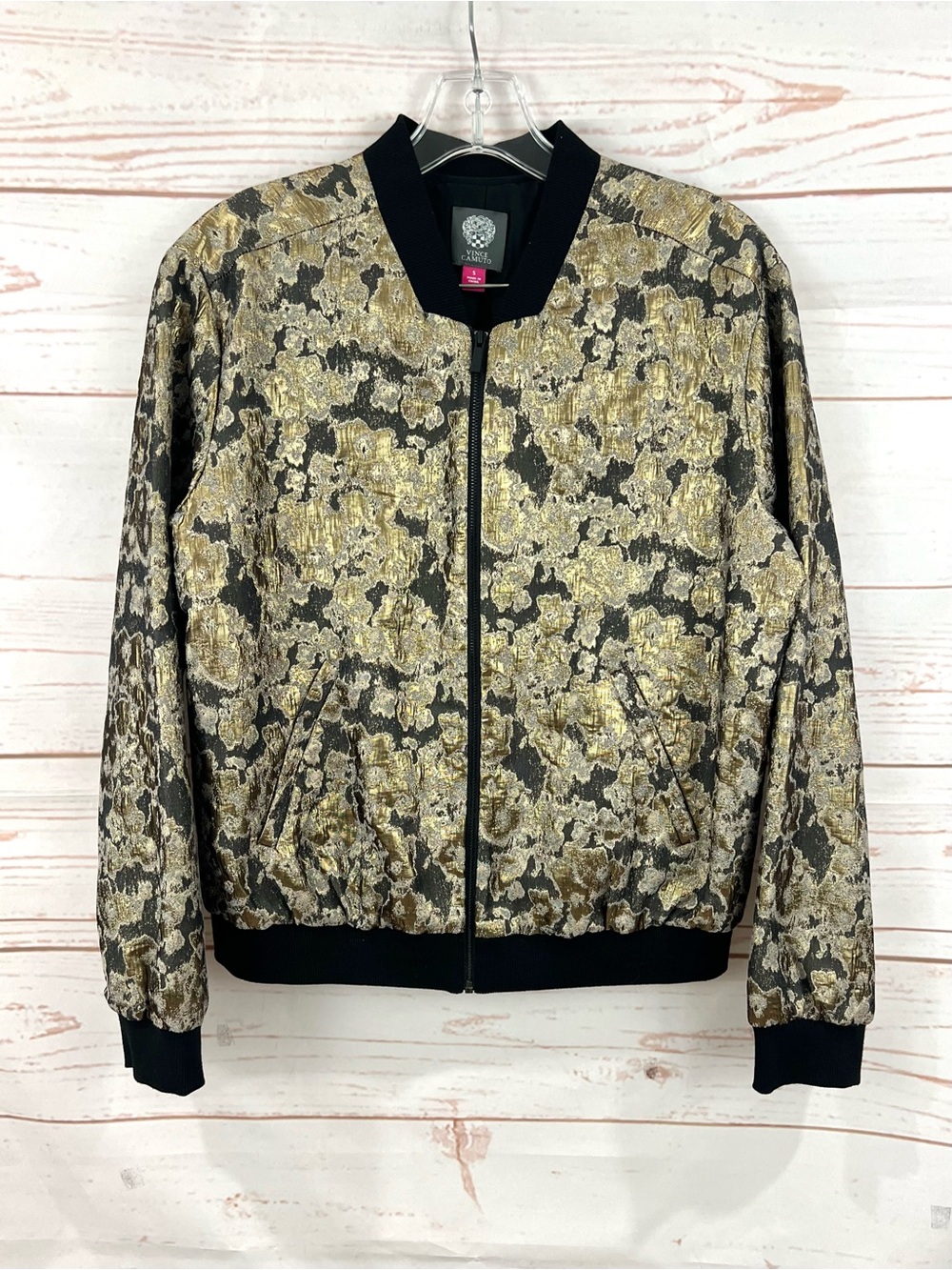 Vince Camuto Metallic Gold Floral Damask Jacquard Bomber Jacket